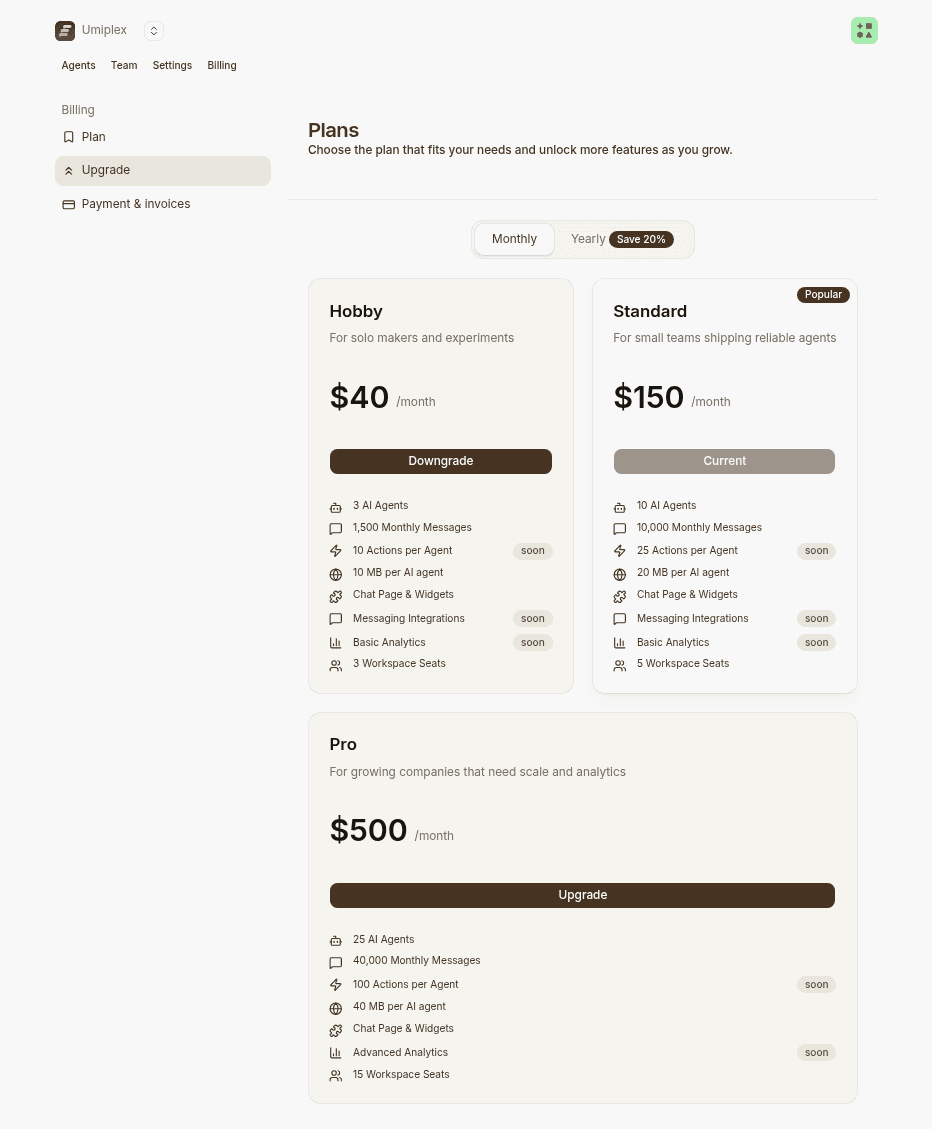 List of the available plans