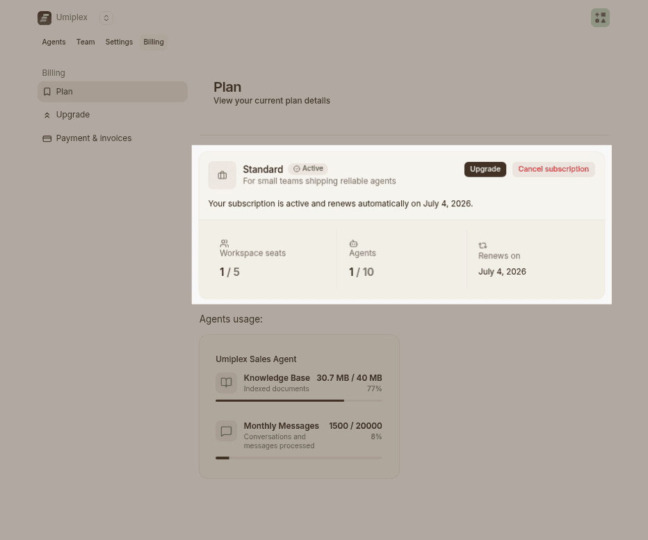Current plan page subscription highlighted