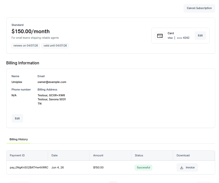 payments page with history invoices highlighted