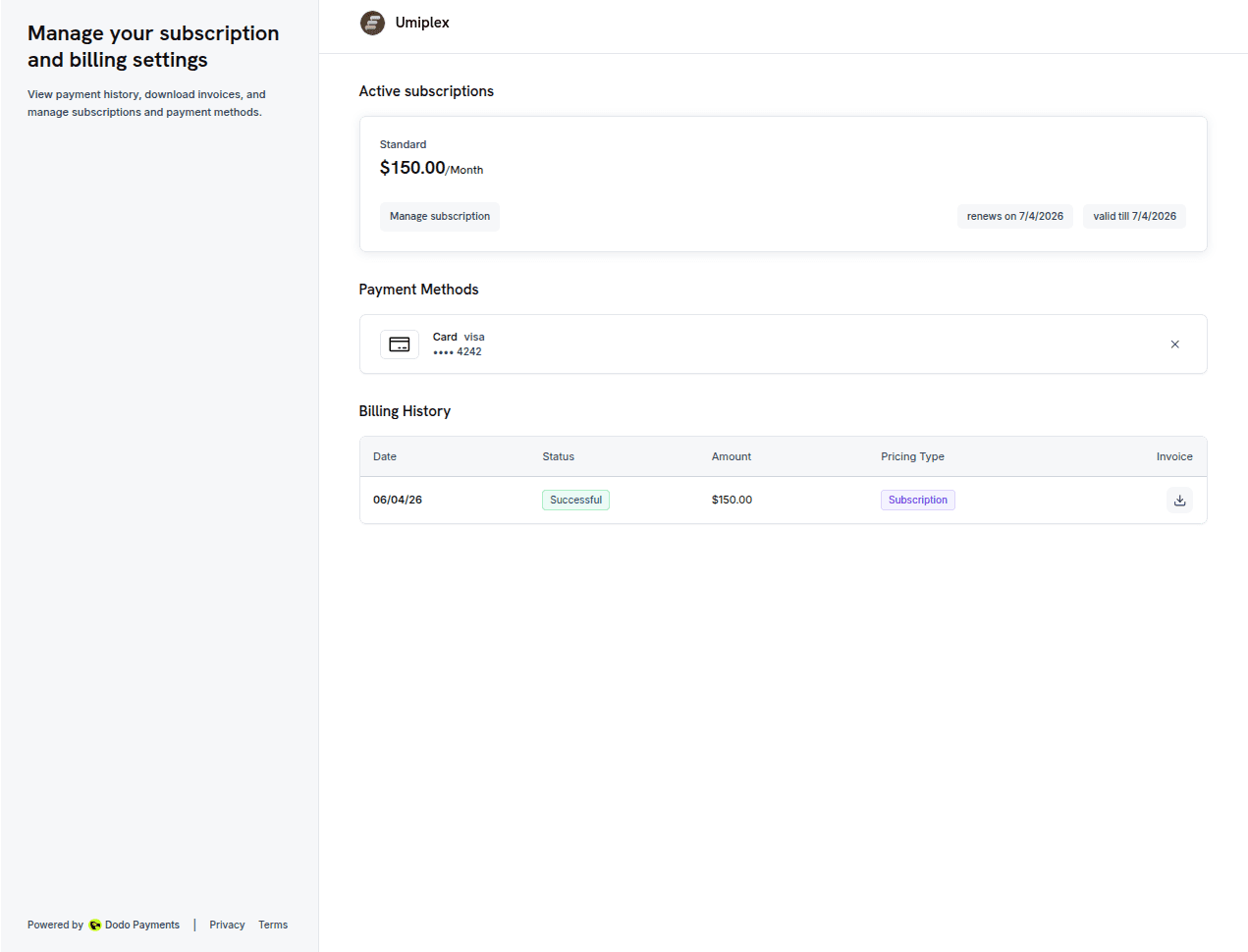 payments page with history invoices highlighted