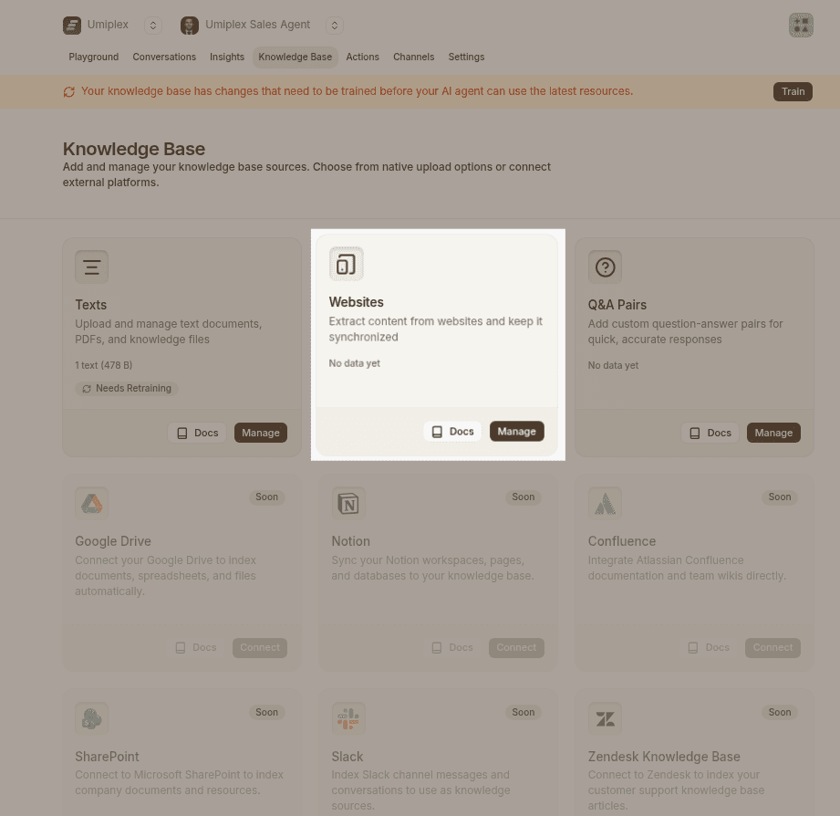 knowledge base sources dashboard with websites source highlighted