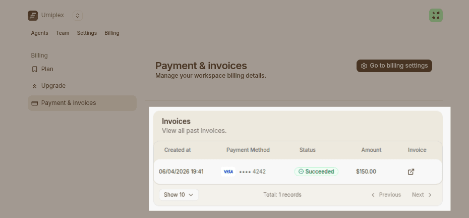payments page with history invoices highlighted