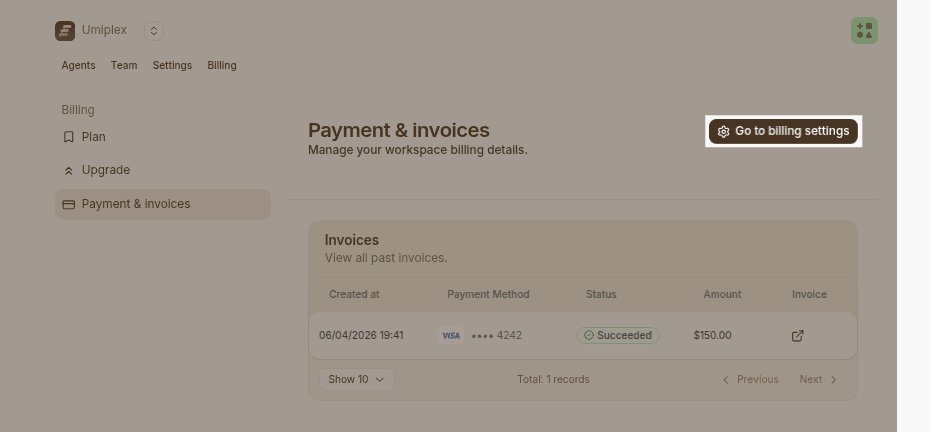 payments page with history invoices highlighted