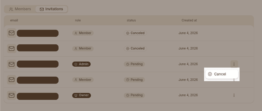 Revoke invitation highlighted dropdown button
