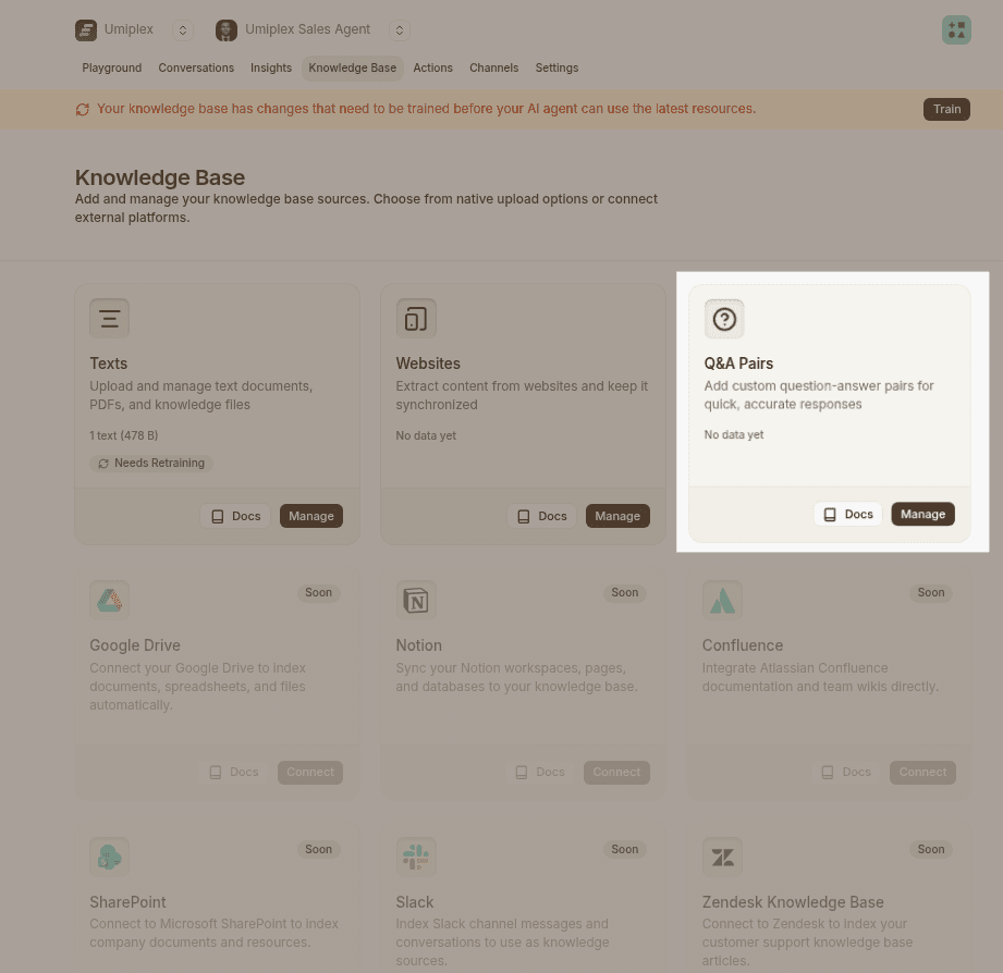 knowledge base sources dashboard with question answer source highlighted