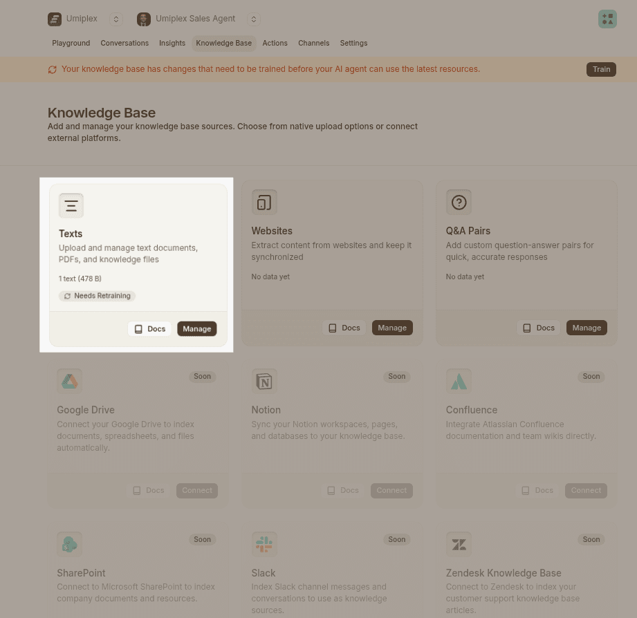 knowledge base sources dashboard with texts source highlighted